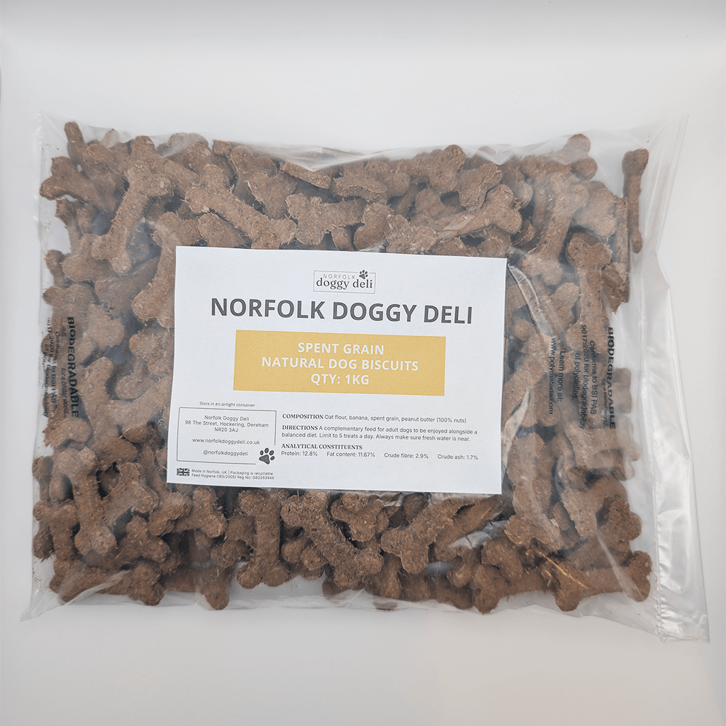 Package of Norfolk Doggy Deli spent grain natural dog biscuits on a white background