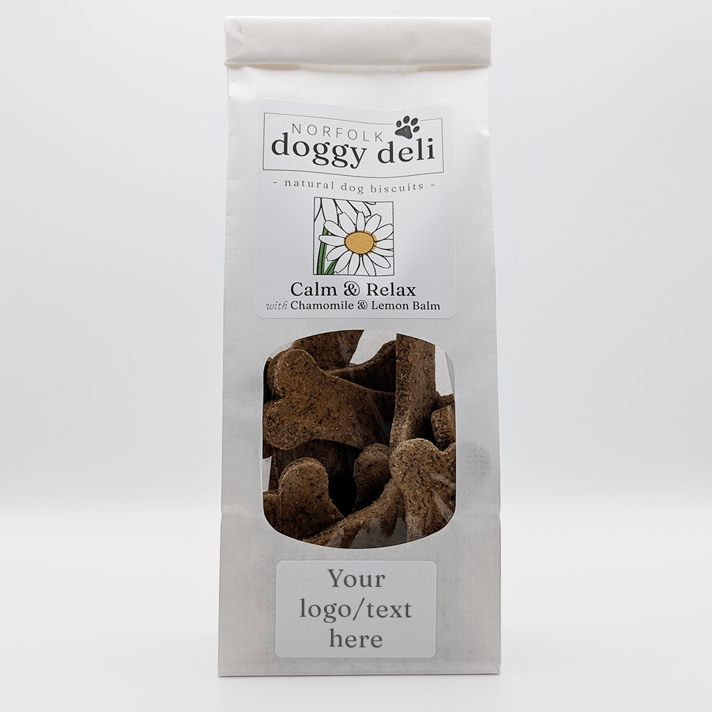 Package of Norfolk Doggy Deli dog biscuits for calming and relaxing with visible product and branding.