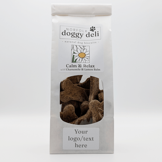 Package of Norfolk Doggy Deli dog biscuits for calming and relaxing with visible product and branding.