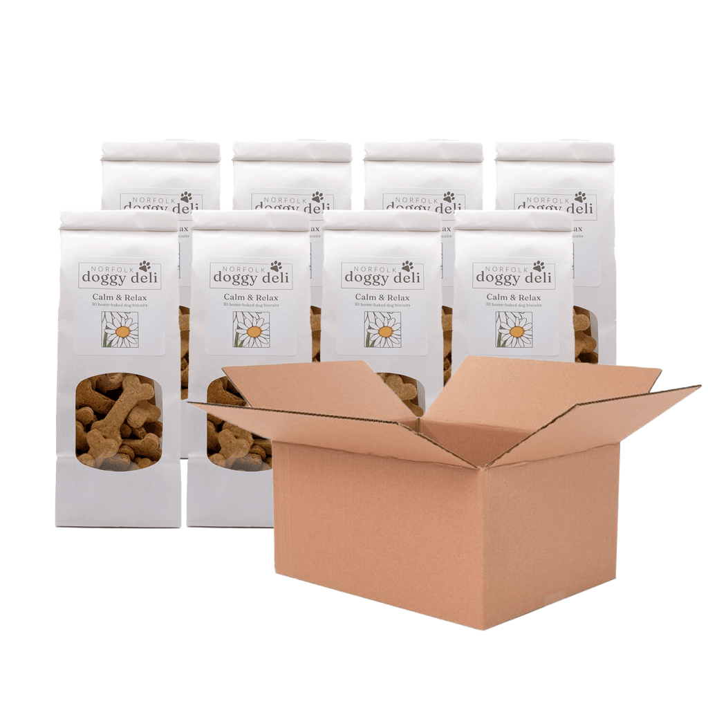Doggy Deli packaging with a cardboard box on a white background