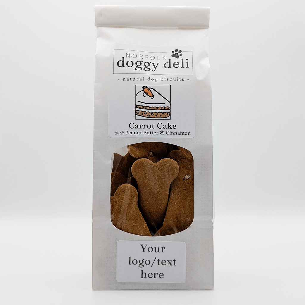 Package of Norfolk Doggy Deli Carrot Cake dog biscuits on a white background