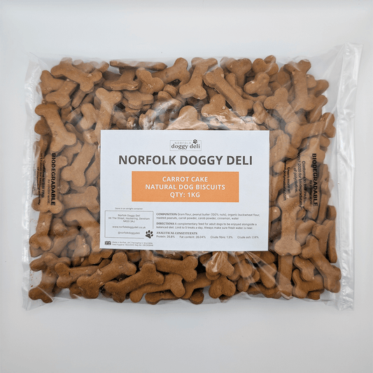 Package of Norfolk Doggy Deli carrot cake dog biscuits on a white background