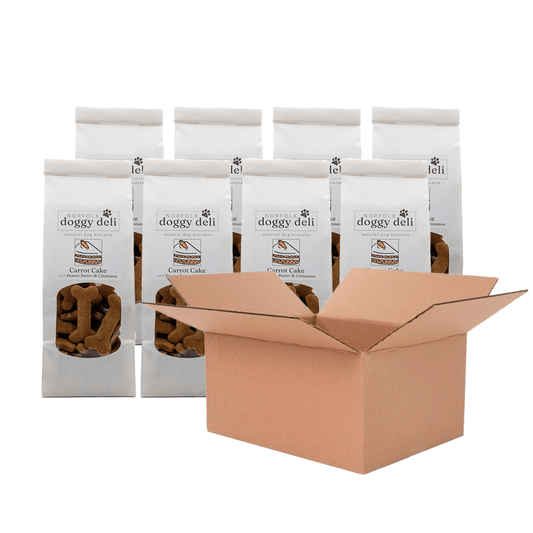 Doggy Deli dog treats packaging with a cardboard box on a white background