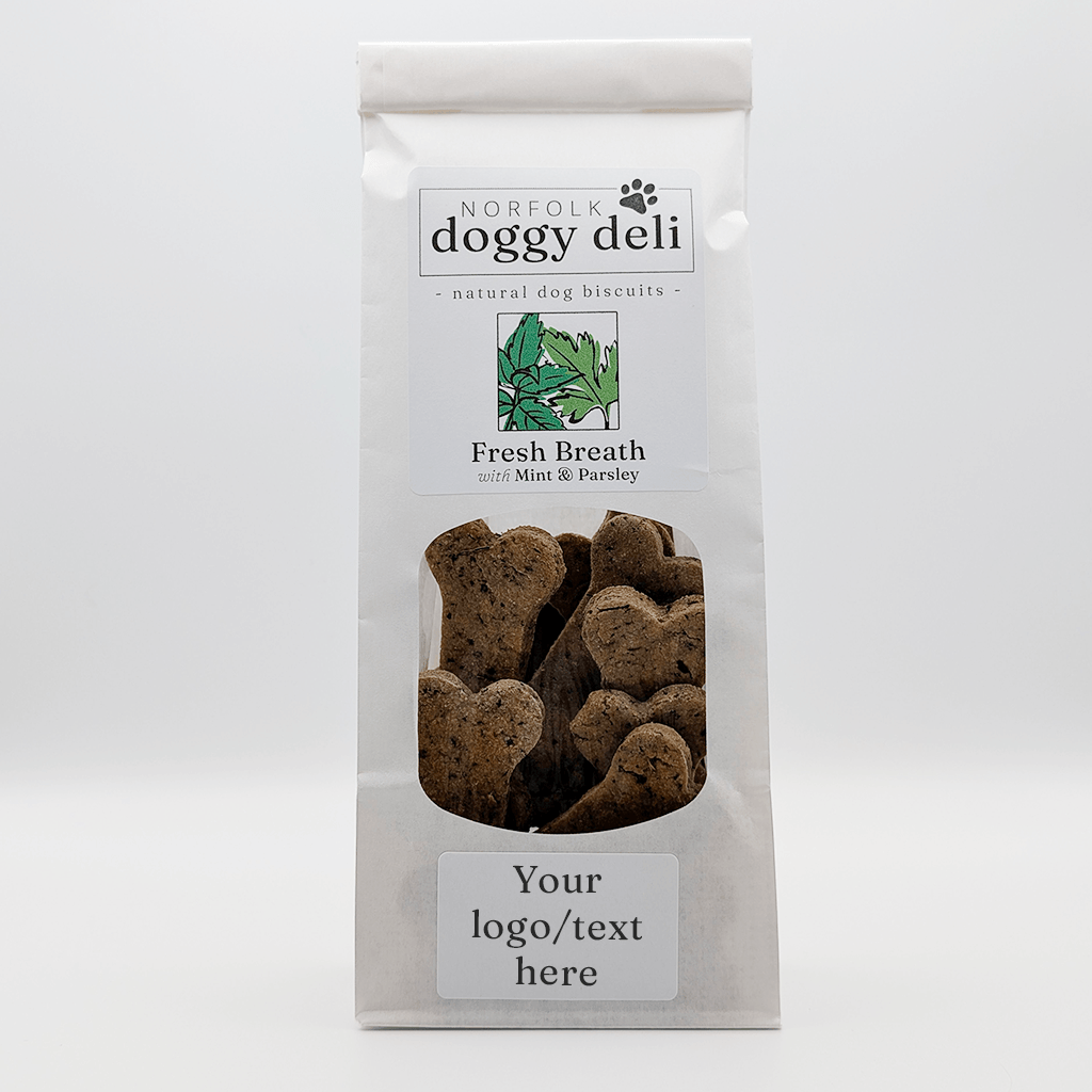 Package of Norfolk Doggy Deli fresh breath dog biscuits on a white background