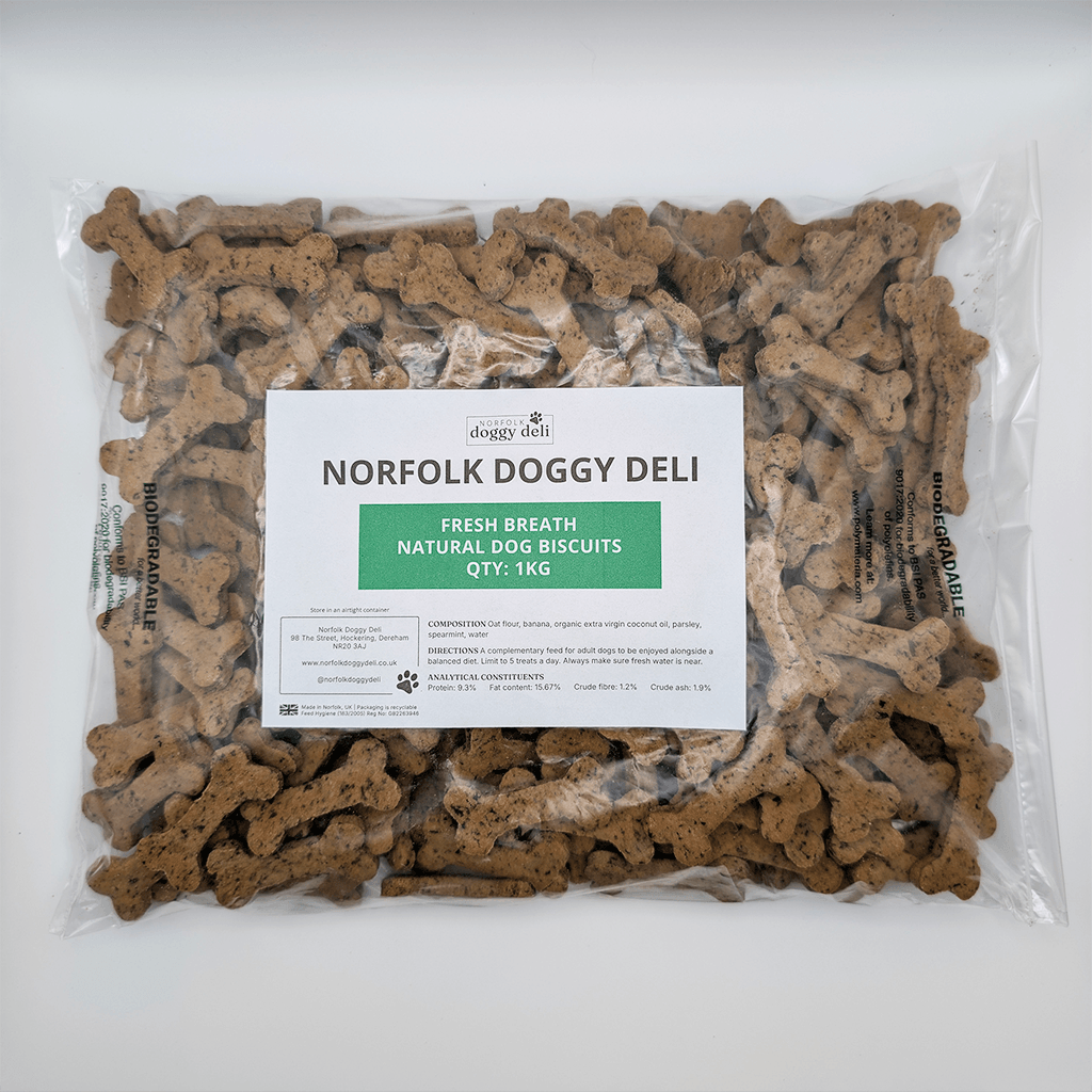Package of Norfolk Doggy Deli dog biscuits with a visible label on a white background